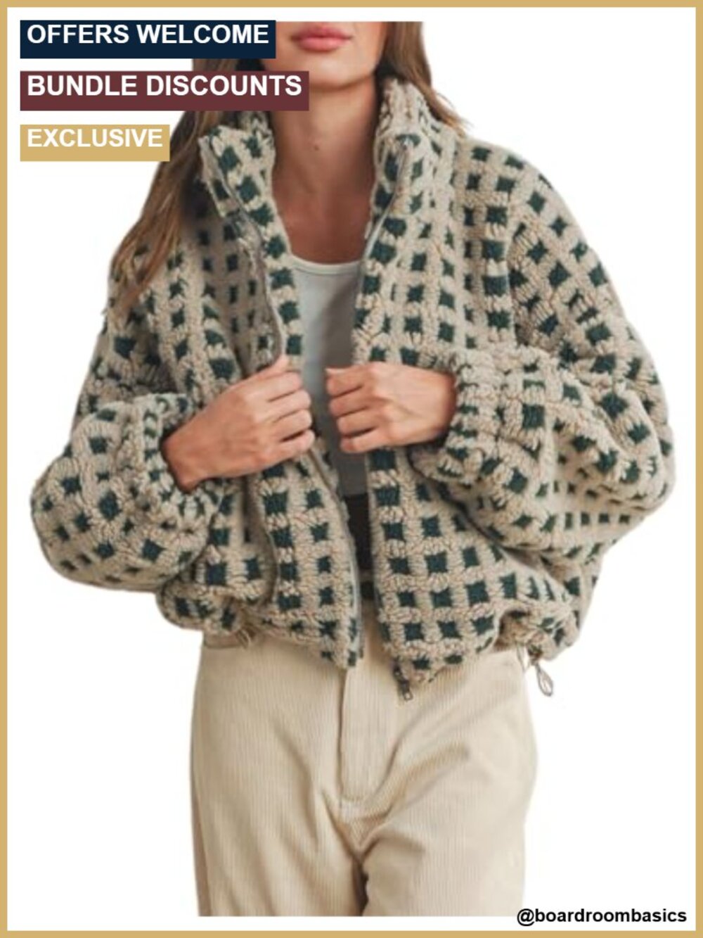 Cropped Sherpa Fleece Plaid Jacket Zip Up Casual Winter Coat